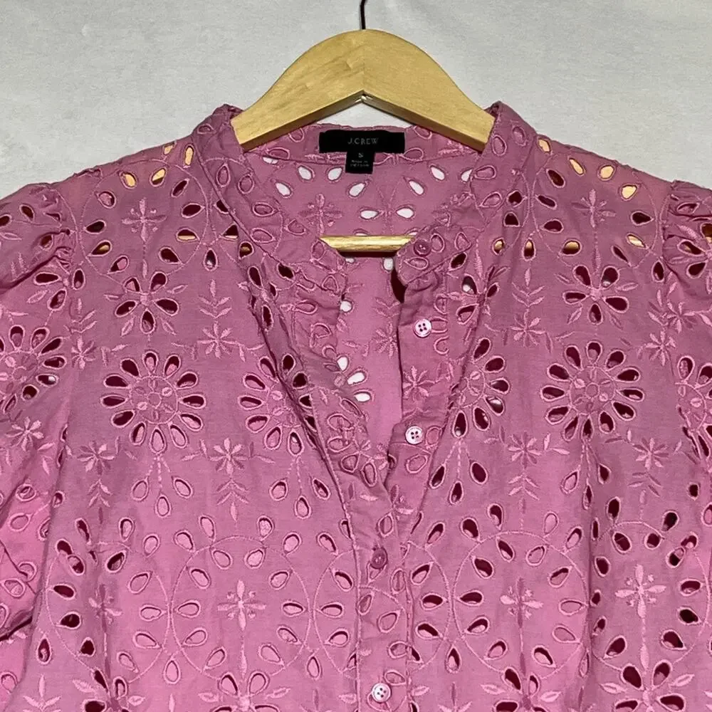 J Crew Puff Sleeve Popover Top in Eyelet Womens Small Pink Embroidered Blouse